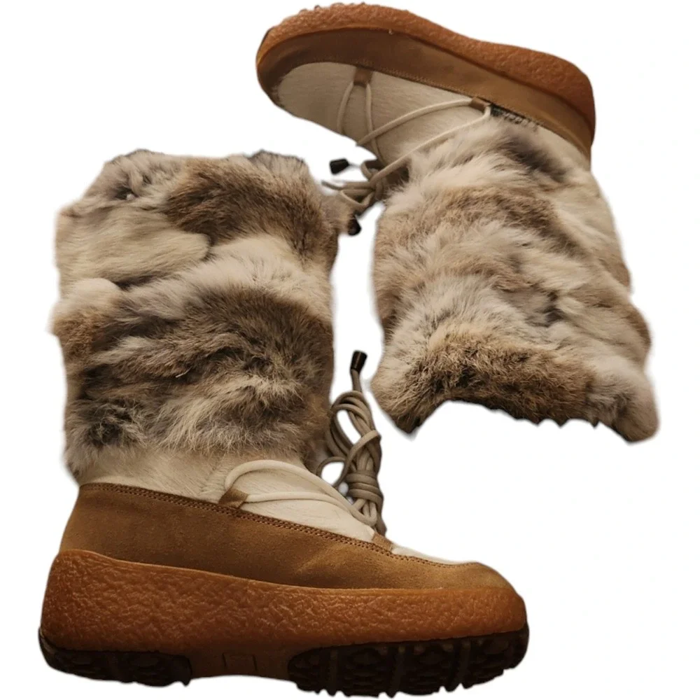 Oscar Sport Italy Faux Fur Cow Hair Snow Boots Brown White Platform Womens 38